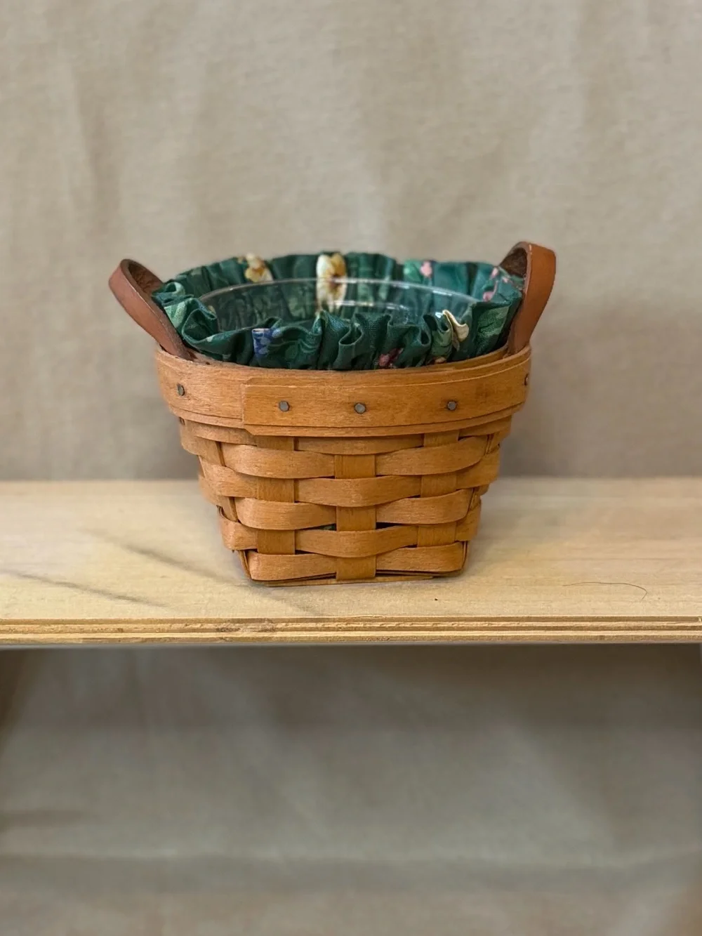 Longaberger Brown Woven Basket with Green Fabric Liner